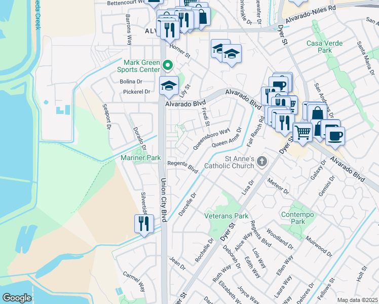 map of restaurants, bars, coffee shops, grocery stores, and more near 4530 Vía La Paz in Union City