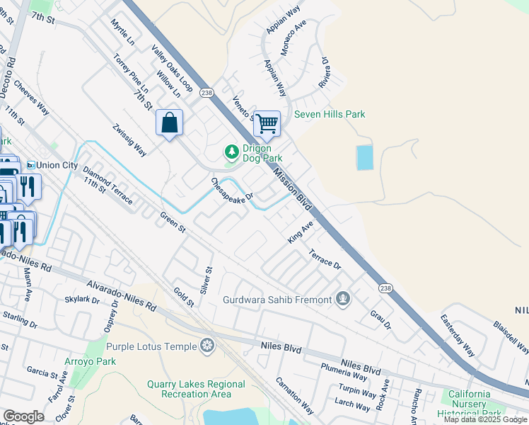 map of restaurants, bars, coffee shops, grocery stores, and more near 35180 Mount Whitney Terrace in Fremont