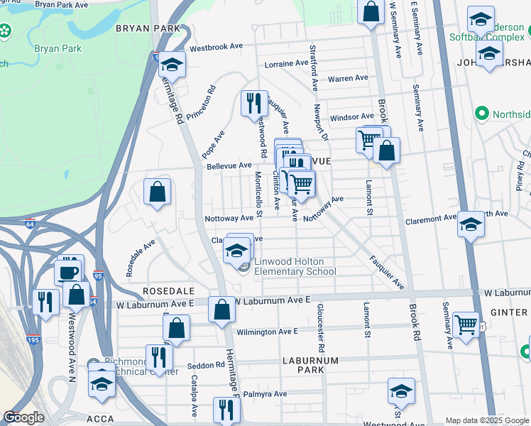 map of restaurants, bars, coffee shops, grocery stores, and more near 1518 Nottoway Avenue in Richmond