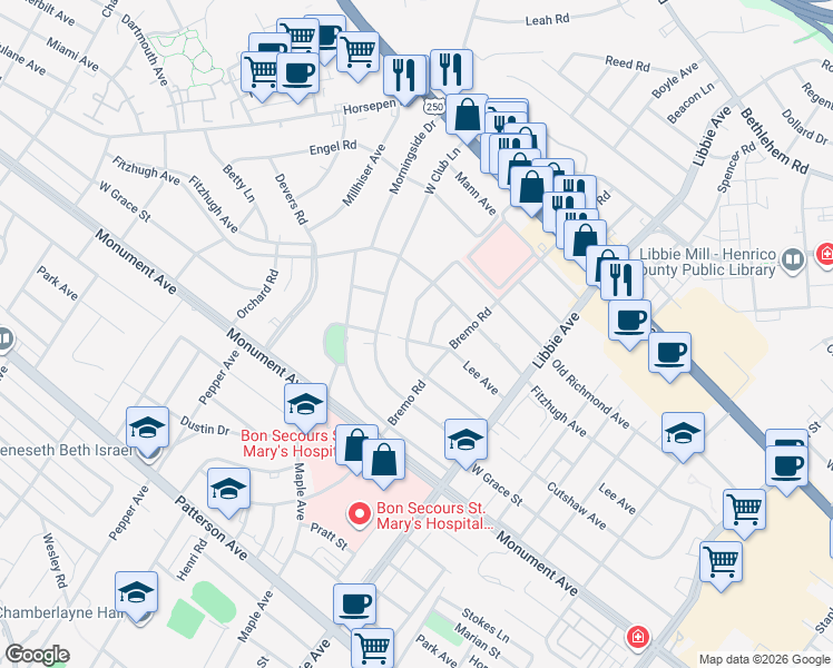 map of restaurants, bars, coffee shops, grocery stores, and more near 6000 South Crestwood Avenue in Richmond
