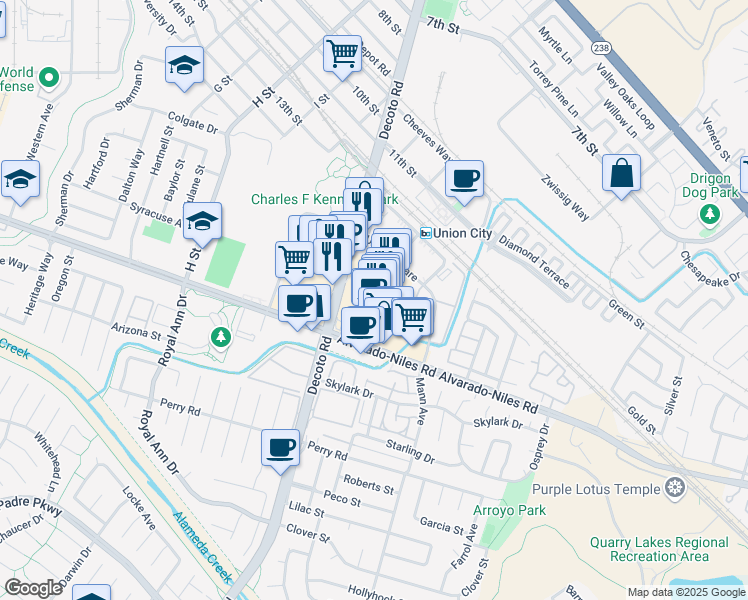 map of restaurants, bars, coffee shops, grocery stores, and more near 1 Union Square in Union City