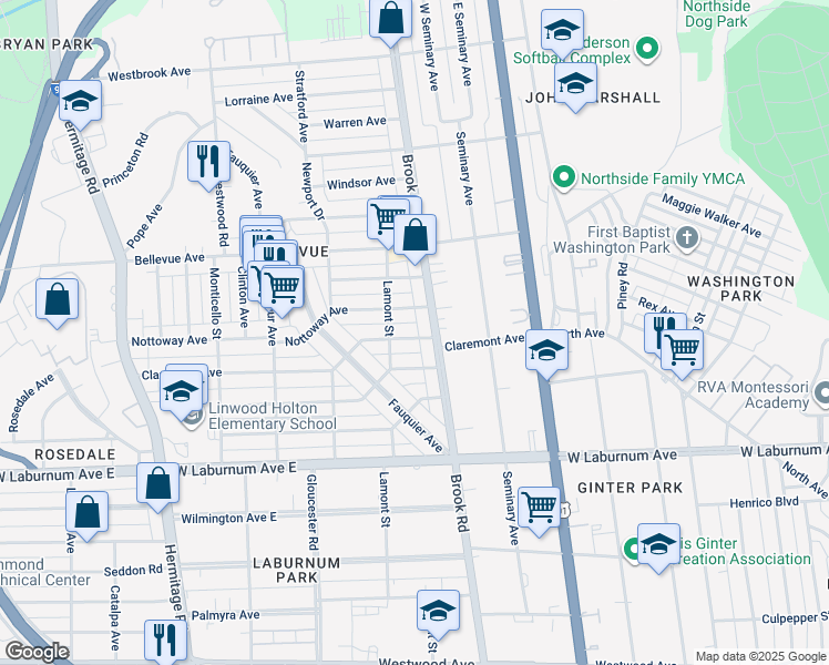 map of restaurants, bars, coffee shops, grocery stores, and more near 1212 Claremont Avenue in Richmond