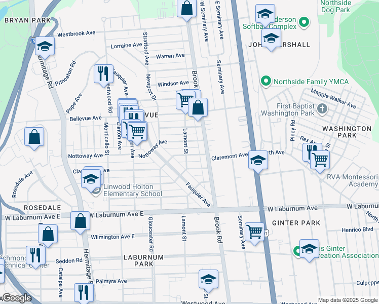 map of restaurants, bars, coffee shops, grocery stores, and more near 1222 Claremont Avenue in Richmond