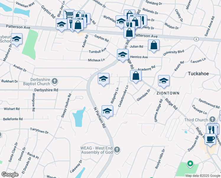 map of restaurants, bars, coffee shops, grocery stores, and more near 521 Willowtree Drive in Henrico