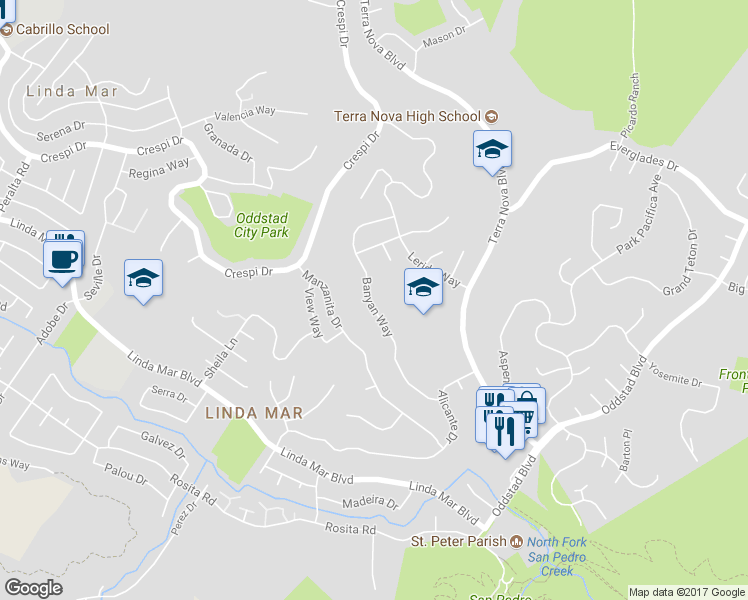 map of restaurants, bars, coffee shops, grocery stores, and more near 1093 Banyan Way in Pacifica
