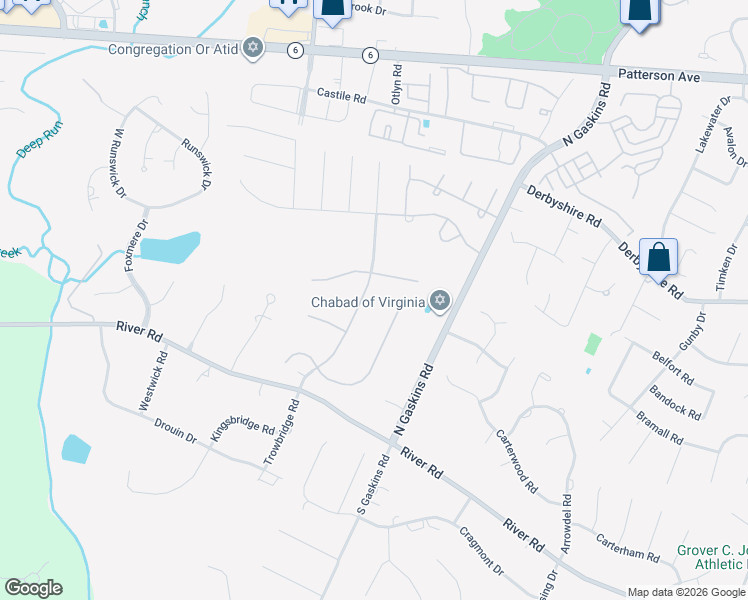 map of restaurants, bars, coffee shops, grocery stores, and more near 211 Colony Lake Drive in Henrico