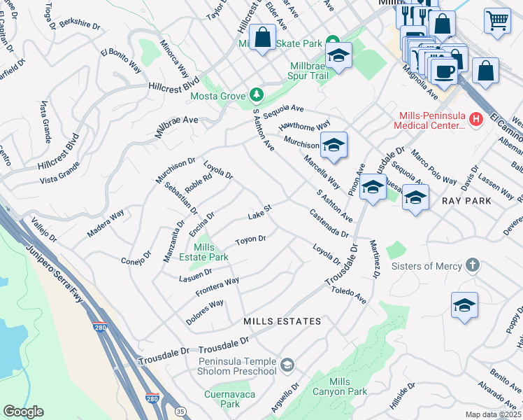 map of restaurants, bars, coffee shops, grocery stores, and more near 1200 Lake St in Millbrae