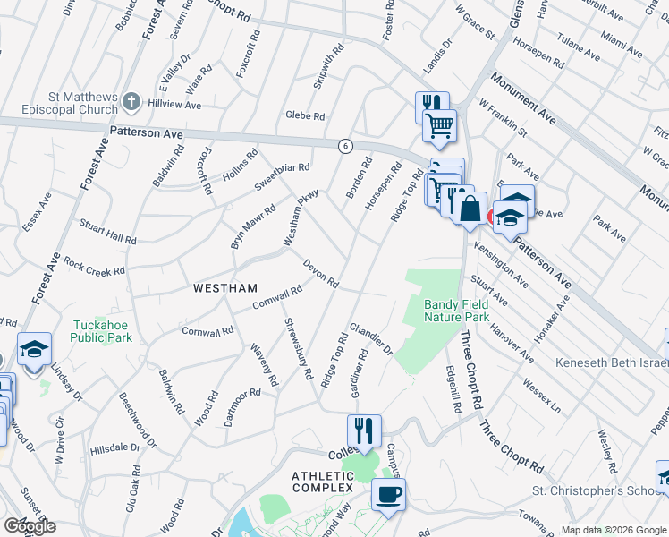 map of restaurants, bars, coffee shops, grocery stores, and more near 802 Horsepen Rd in Richmond