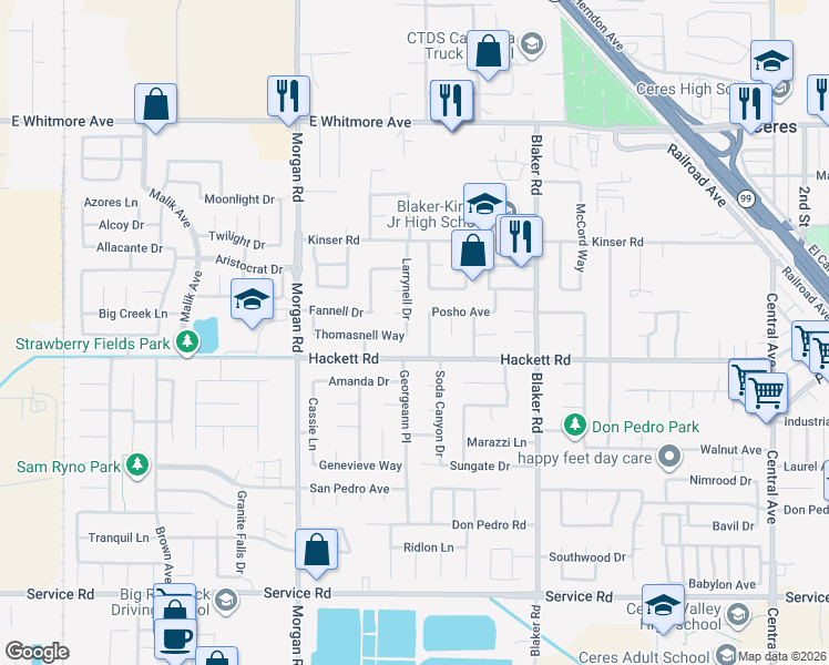 map of restaurants, bars, coffee shops, grocery stores, and more near 3201 Sanko Avenue in Ceres