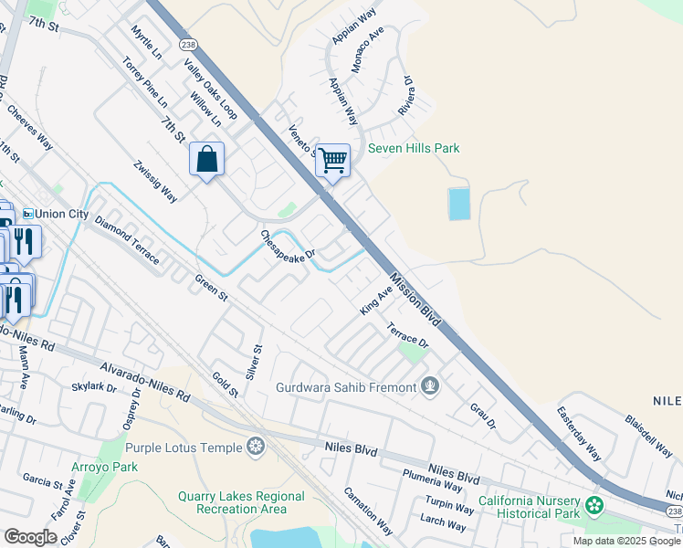 map of restaurants, bars, coffee shops, grocery stores, and more near 156 Black Mountain Circle in Fremont