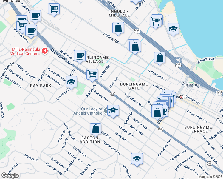 map of restaurants, bars, coffee shops, grocery stores, and more near 1456 El Camino Real in Burlingame