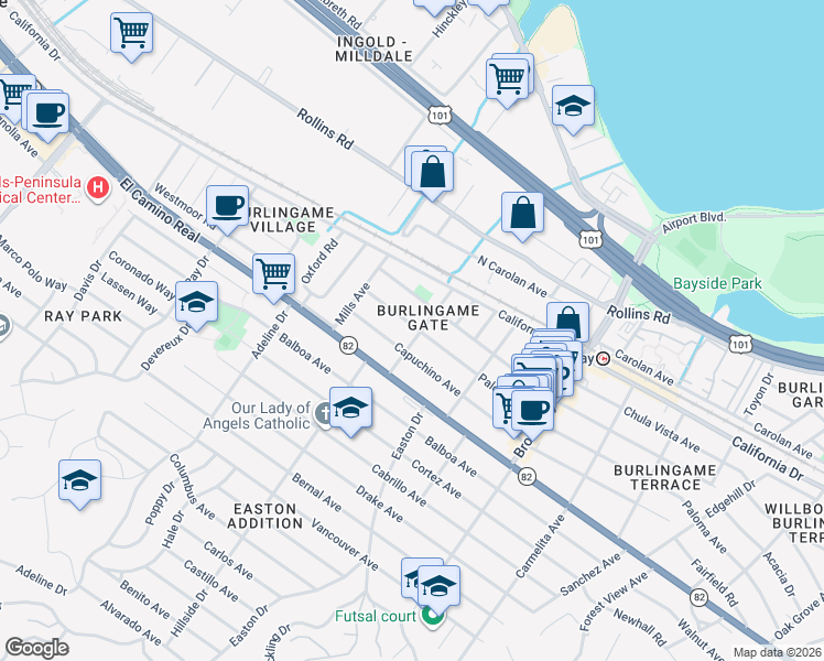 map of restaurants, bars, coffee shops, grocery stores, and more near 1220 Grove Avenue in Burlingame