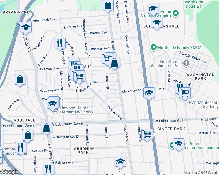map of restaurants, bars, coffee shops, grocery stores, and more near 1222 Claremont Avenue in Richmond