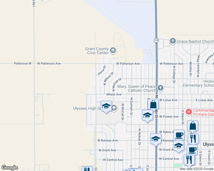 map of restaurants, bars, coffee shops, grocery stores, and more near 817 North McCall Street in Ulysses