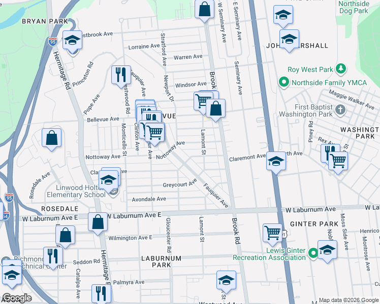 map of restaurants, bars, coffee shops, grocery stores, and more near 3959 Fauquier Avenue in Richmond