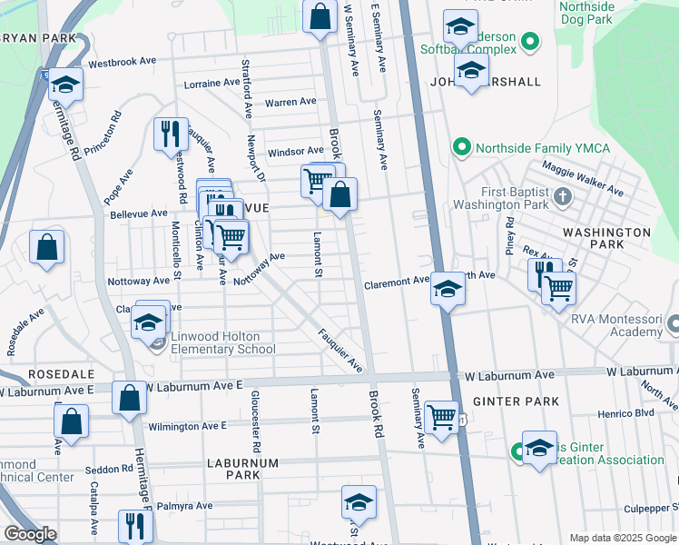 map of restaurants, bars, coffee shops, grocery stores, and more near 1212 Claremont Avenue in Richmond