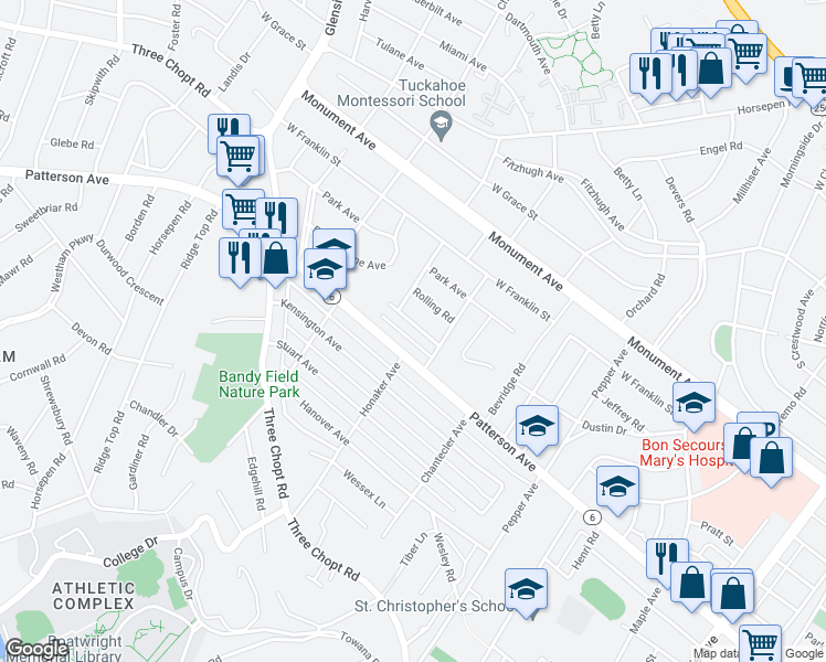 map of restaurants, bars, coffee shops, grocery stores, and more near 6609 Van Buren Avenue in Richmond