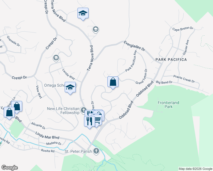 map of restaurants, bars, coffee shops, grocery stores, and more near 1331 Aspen Drive in Pacifica