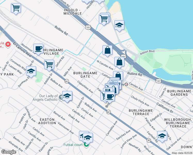 map of restaurants, bars, coffee shops, grocery stores, and more near 1120 Summer Avenue in Burlingame