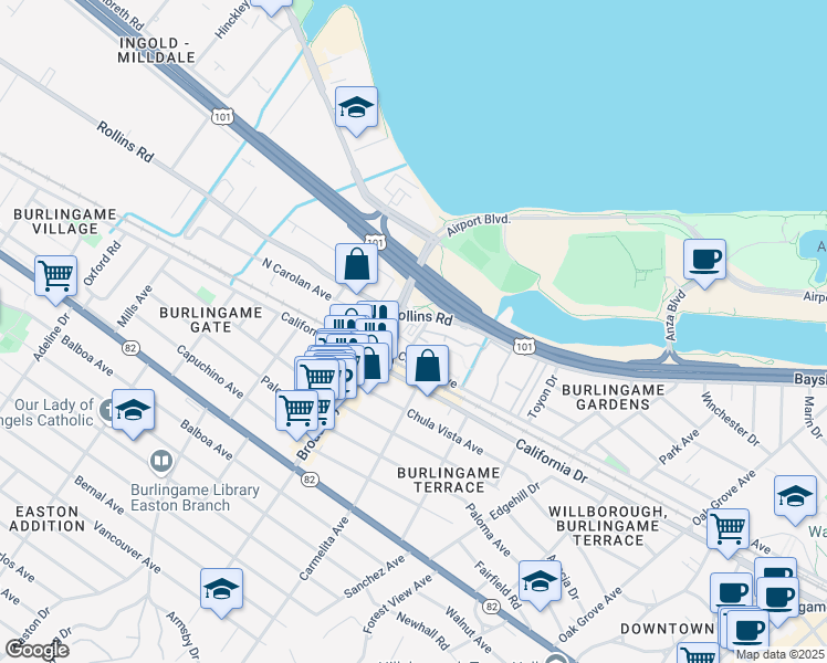 map of restaurants, bars, coffee shops, grocery stores, and more near 1010 Cadillac Way in Burlingame