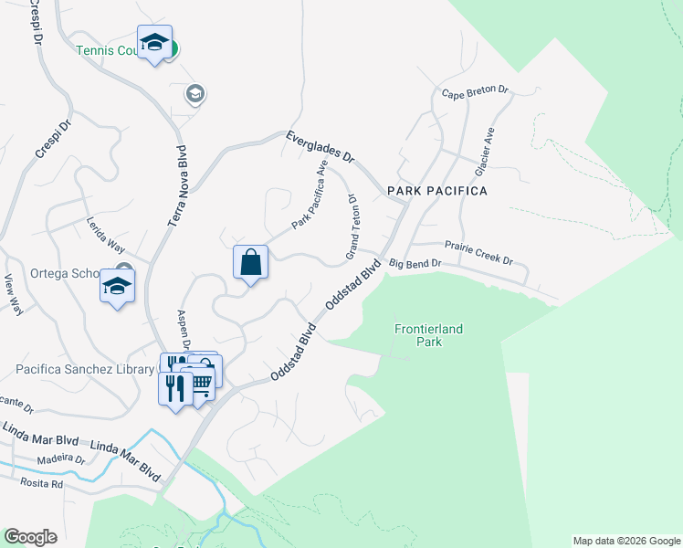 map of restaurants, bars, coffee shops, grocery stores, and more near 961 Oddstad Boulevard in Pacifica