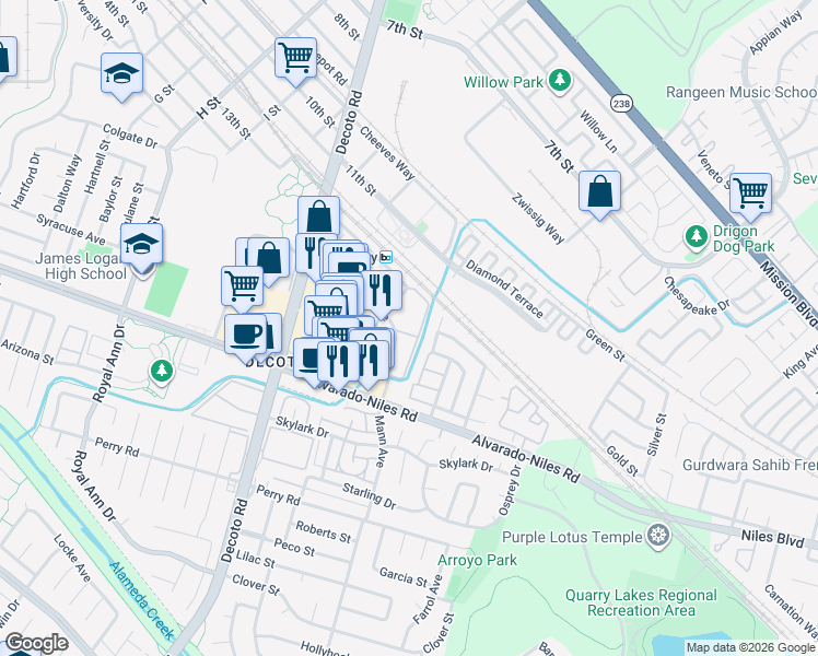 map of restaurants, bars, coffee shops, grocery stores, and more near 24 Union Square in Union City