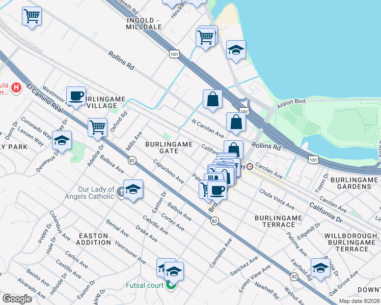 map of restaurants, bars, coffee shops, grocery stores, and more near 1120 Summer Avenue in Burlingame