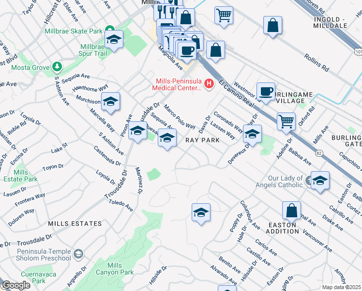 map of restaurants, bars, coffee shops, grocery stores, and more near 1712 Quesada Way in Burlingame