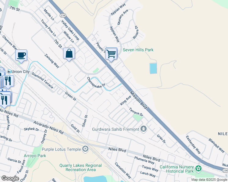 map of restaurants, bars, coffee shops, grocery stores, and more near 156 Black Mountain Circle in Fremont