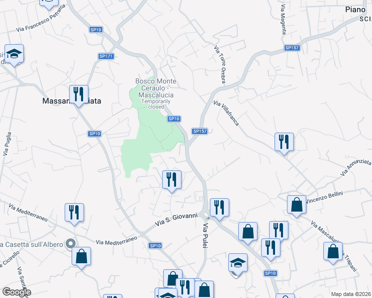 map of restaurants, bars, coffee shops, grocery stores, and more near 51 Via Pulei in Mascalucia