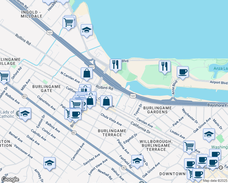 map of restaurants, bars, coffee shops, grocery stores, and more near 1095 Rollins Road in Burlingame