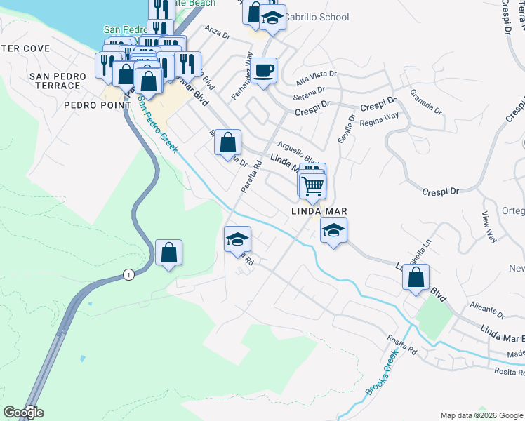 map of restaurants, bars, coffee shops, grocery stores, and more near 835 Dell Road in Pacifica
