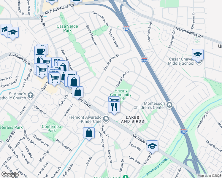 map of restaurants, bars, coffee shops, grocery stores, and more near 32564 Lake Louise Street in Fremont