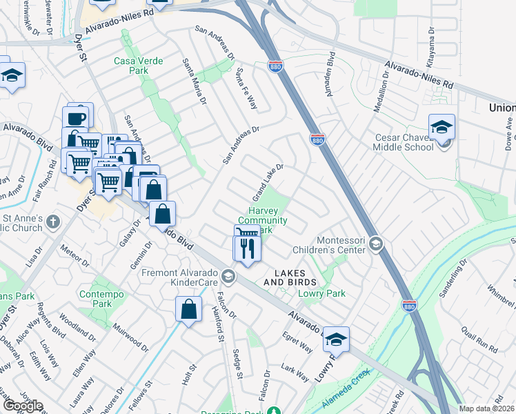 map of restaurants, bars, coffee shops, grocery stores, and more near 3560 Grand Lake Drive in Fremont