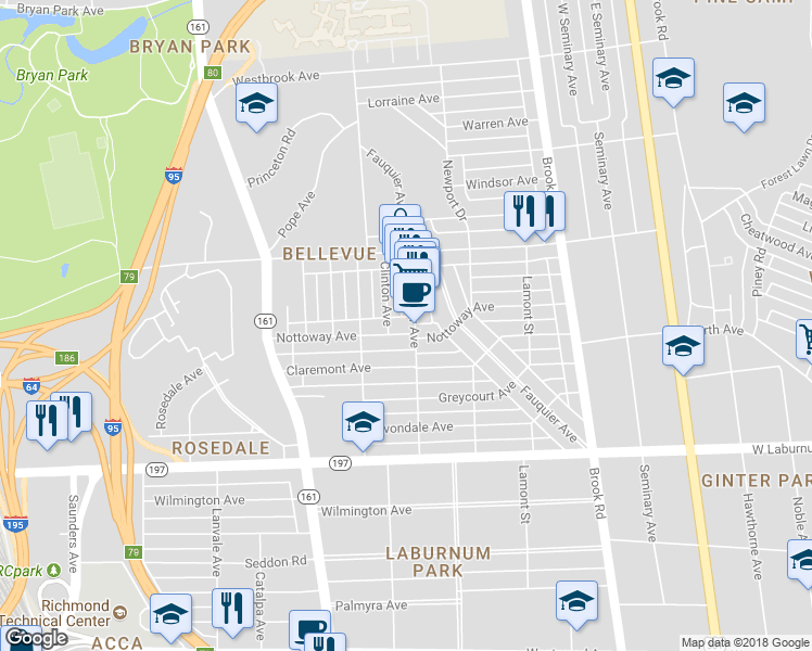 map of restaurants, bars, coffee shops, grocery stores, and more near 1502 Nottoway Avenue in Richmond