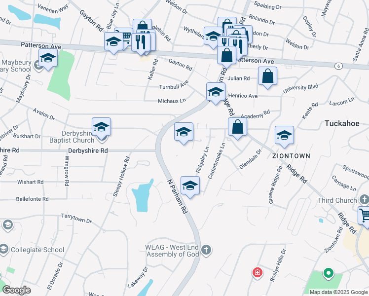 map of restaurants, bars, coffee shops, grocery stores, and more near 601 North Parham Road in Richmond