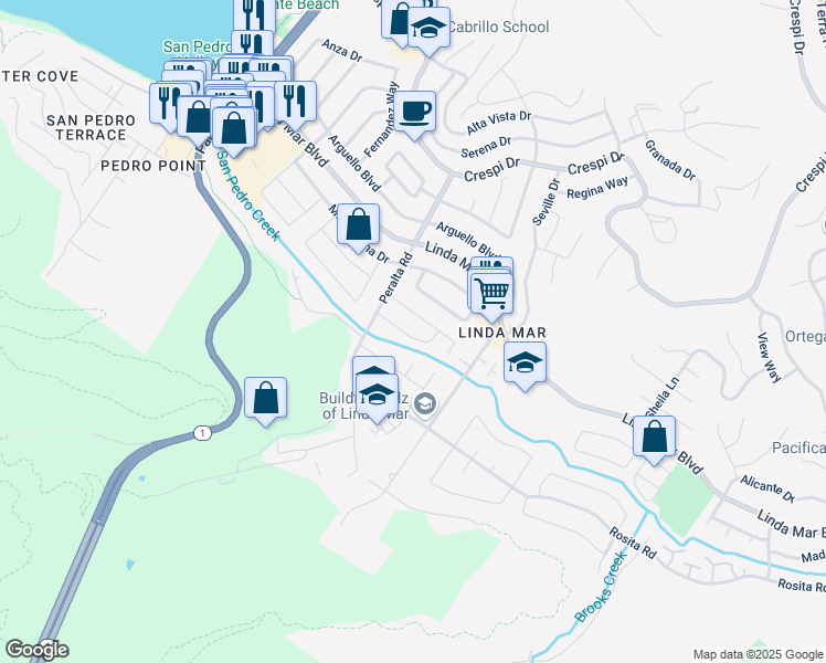 map of restaurants, bars, coffee shops, grocery stores, and more near 835 Dell Road in Pacifica