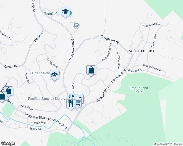 map of restaurants, bars, coffee shops, grocery stores, and more near 1160 Park Pacifica Avenue in Pacifica