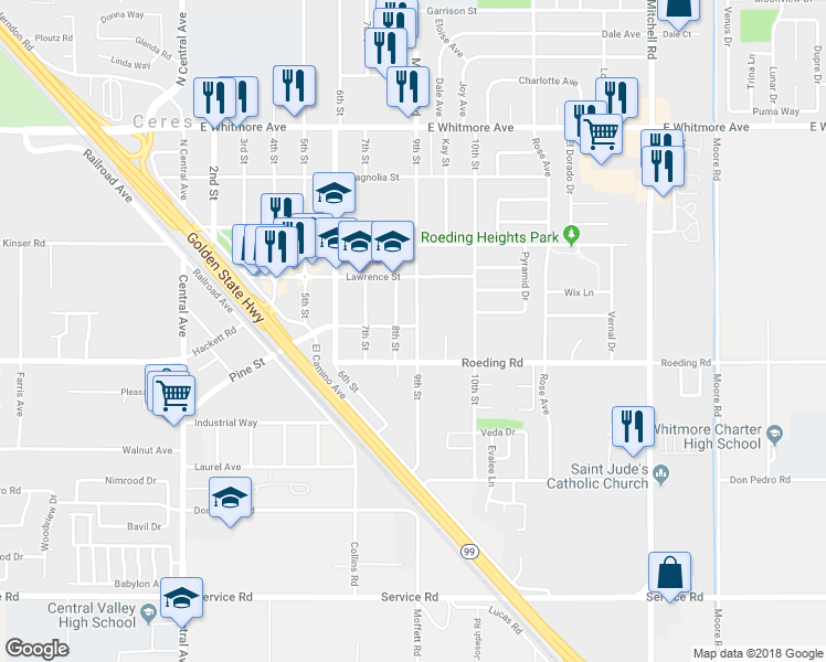 map of restaurants, bars, coffee shops, grocery stores, and more near 3201 9th Street in Ceres
