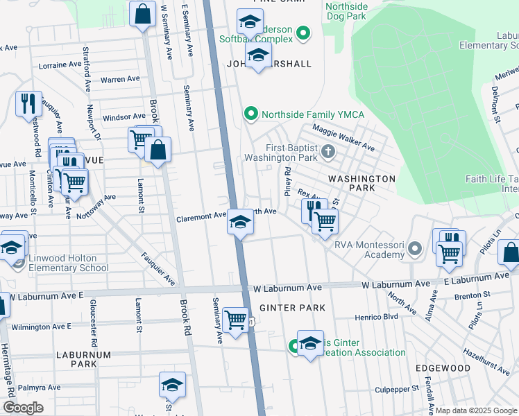 map of restaurants, bars, coffee shops, grocery stores, and more near 3924 Old Brook Road in Richmond