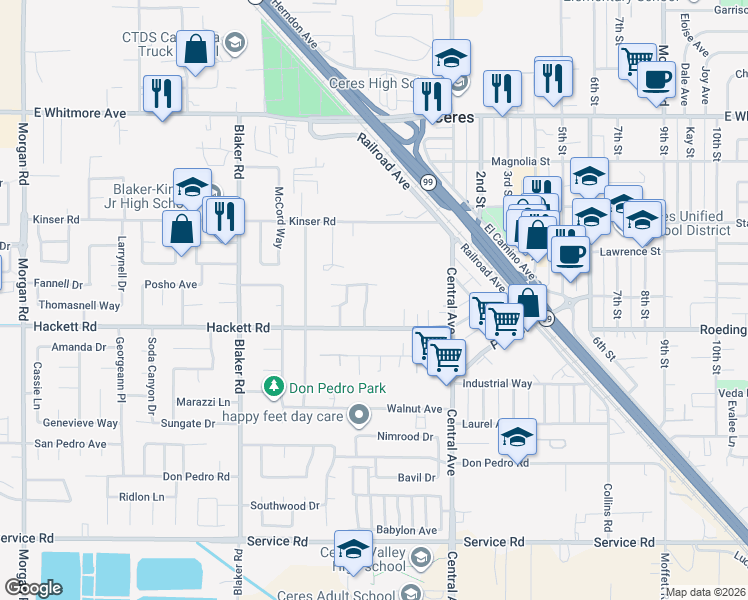 map of restaurants, bars, coffee shops, grocery stores, and more near 3108 Crownview Drive in Ceres