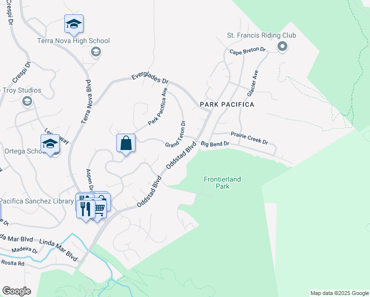 map of restaurants, bars, coffee shops, grocery stores, and more near 961 Oddstad Boulevard in Pacifica