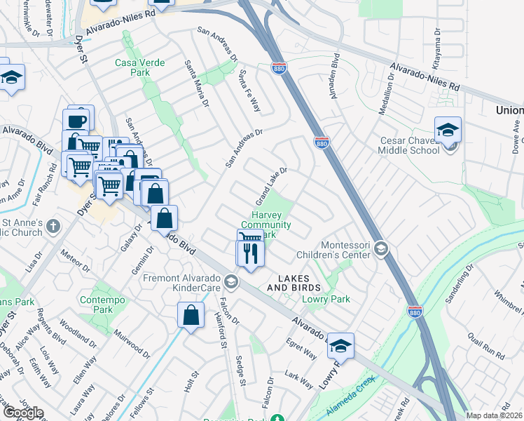 map of restaurants, bars, coffee shops, grocery stores, and more near 3560 Grand Lake Drive in Fremont