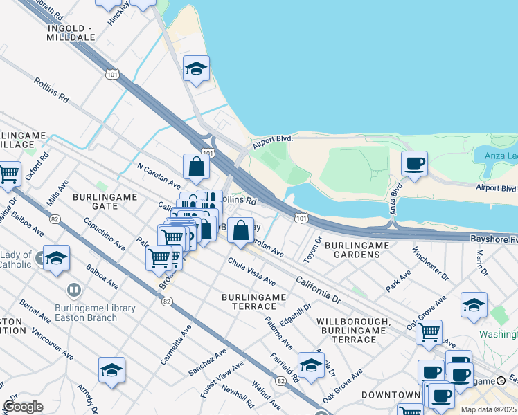 map of restaurants, bars, coffee shops, grocery stores, and more near 1095 Rollins Road in Burlingame