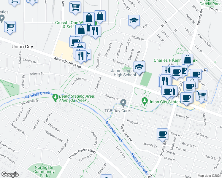 map of restaurants, bars, coffee shops, grocery stores, and more near 2476 Stanford Street in Union City