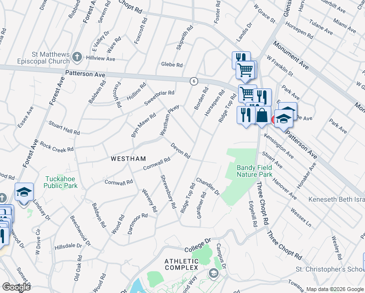 map of restaurants, bars, coffee shops, grocery stores, and more near 802 Horsepen Road in Richmond