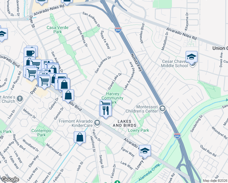 map of restaurants, bars, coffee shops, grocery stores, and more near 3560 Grand Lake Drive in Fremont