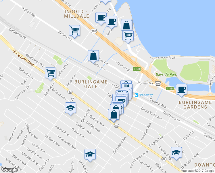 map of restaurants, bars, coffee shops, grocery stores, and more near 1109 Summer Avenue in Burlingame