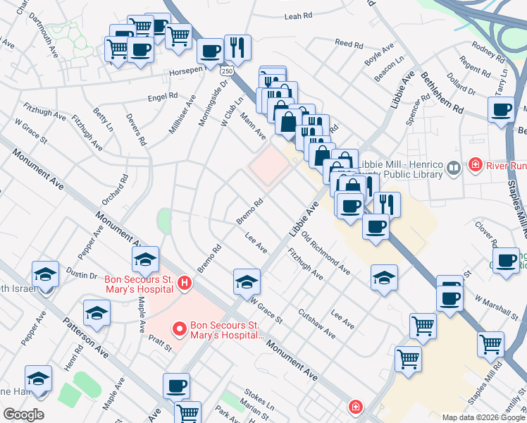map of restaurants, bars, coffee shops, grocery stores, and more near 5812 Fitzhugh Avenue in Richmond