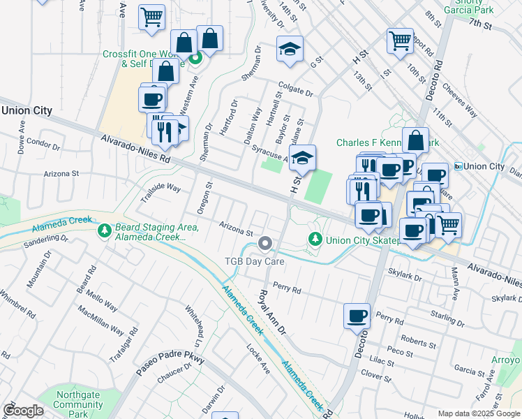 map of restaurants, bars, coffee shops, grocery stores, and more near 34230 Arizona Street in Union City